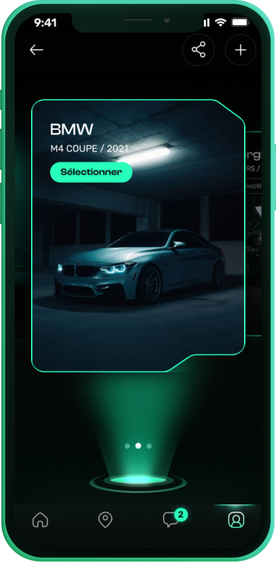 Match2Ride virtual garage showing a car on an iPhone