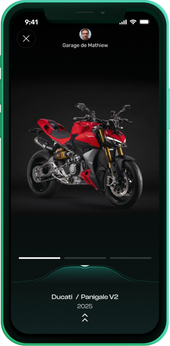 Match2Ride virtual garage showing a motorcycle on an iPhone